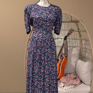 Vintage Karin Stevens Green Floral Cottage Dress Sz 12 Circa 1980's